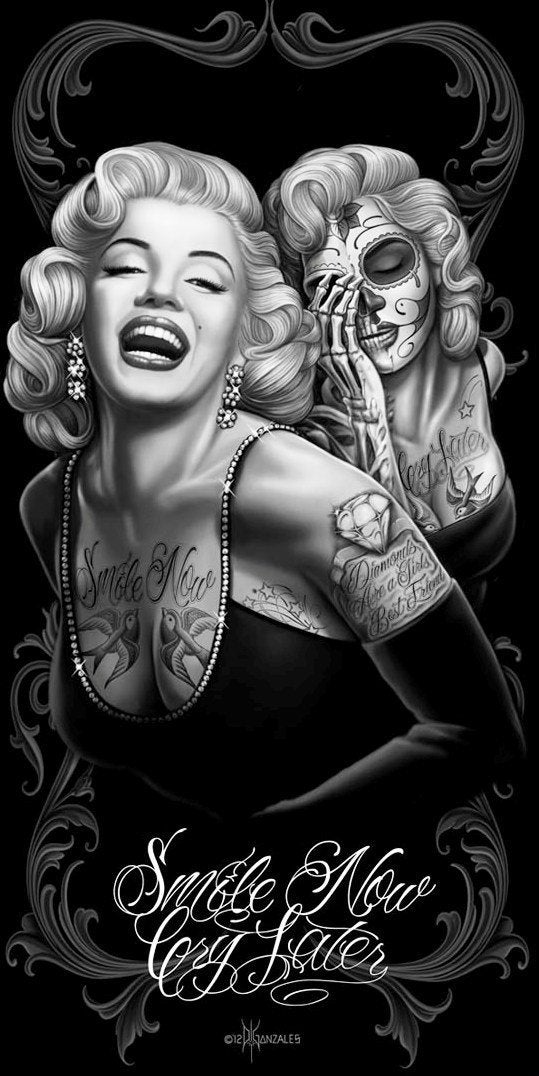 JPI Black Chicano Marilyn Monroe Smile Now Cry Later Beach Towel - Image 1